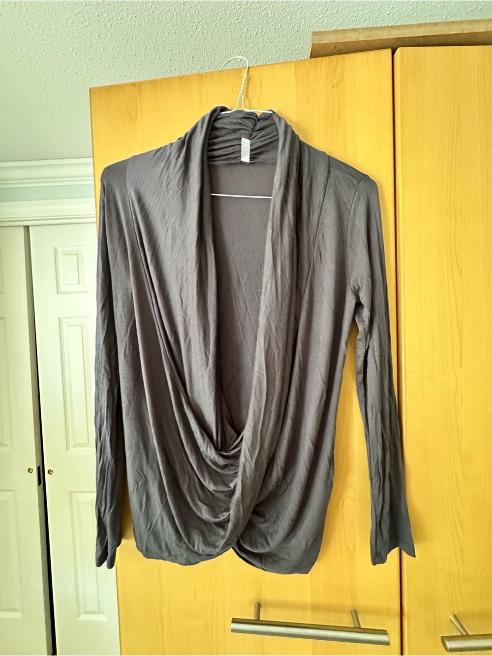 Draped Open-Front Long Sleeve Top - Gray made in USA